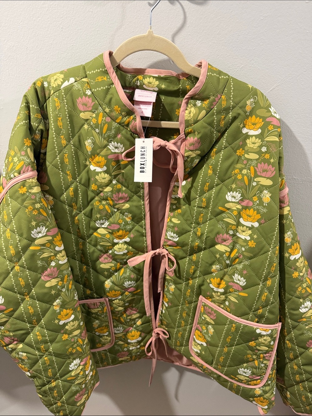 Women's Olive Floral Quilted Jacket with Pink Trim